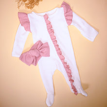 Load image into Gallery viewer, Baby Girl Ruffle Waffle Oensie/White and Rose

