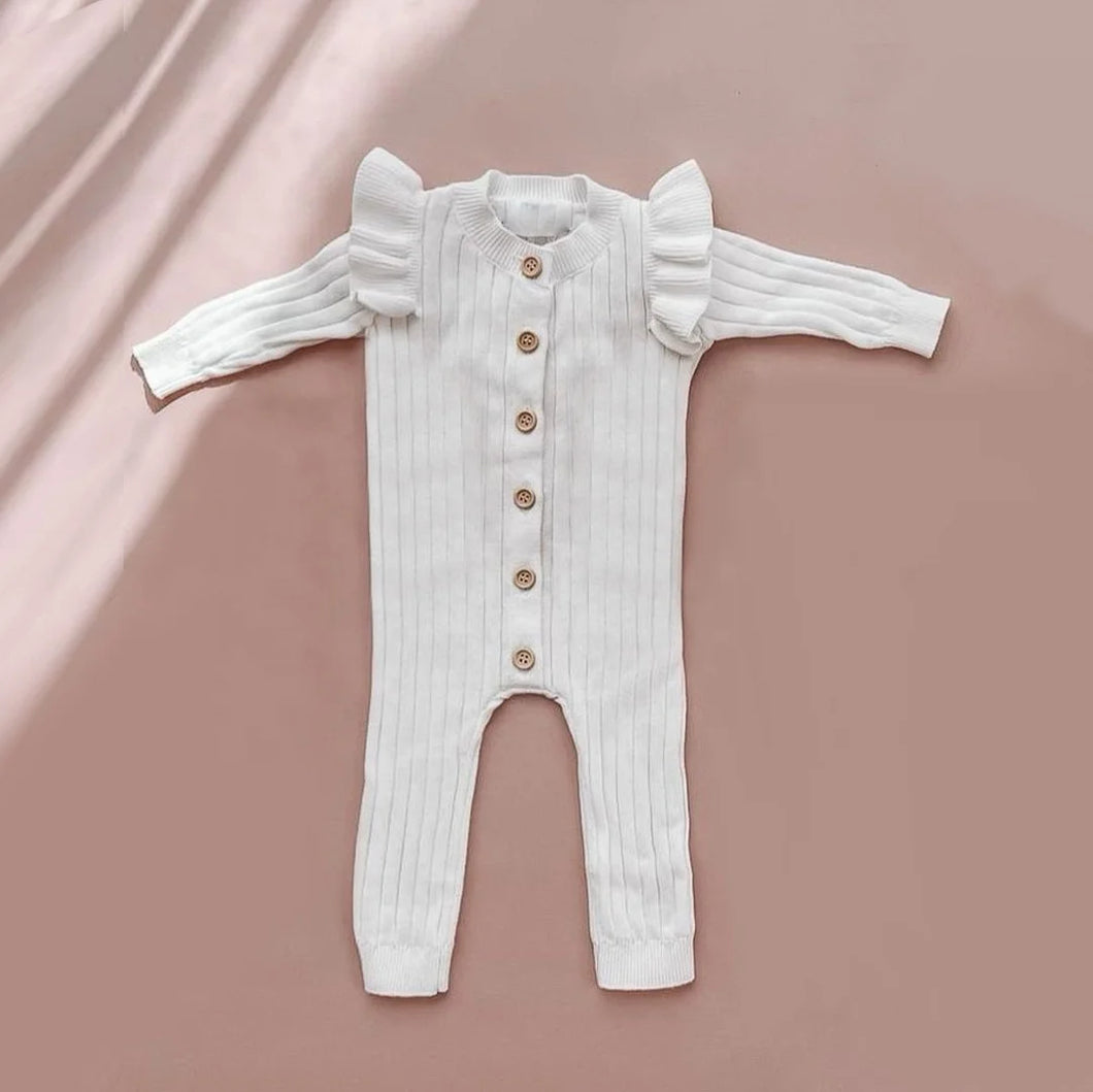 Neutral Baby Ruffle Knit Jumpsuit/White