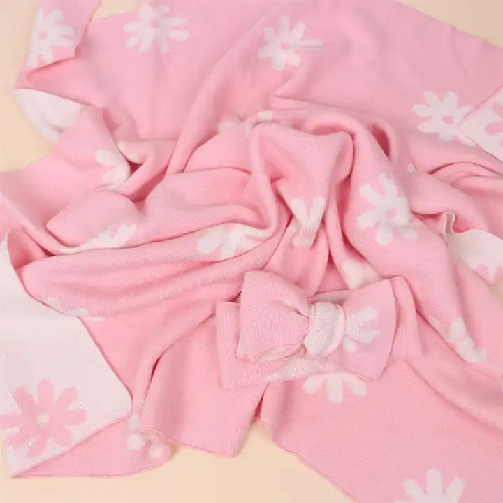 Floral Knit Baby Blanket and Bowknot Set /Pink